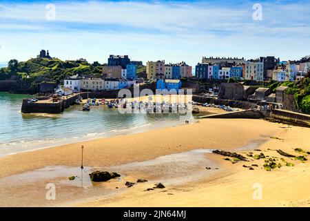 Der malerische geschützte Hafen wird von Reihen farbenfroher Häuser in Tenby, Pembrokeshire, Wales, Großbritannien, überblickt Stockfoto