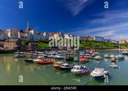 Der malerische geschützte Hafen wird von Reihen farbenfroher Häuser in Tenby, Pembrokeshire, Wales, Großbritannien, überblickt Stockfoto