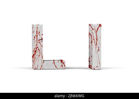 Blutiger Buchstabe - dreidimensionaler Groß- und Kleinbuchstabe mit Textur aus Blut auf weißem Hintergrund - 3D Render Stockfoto