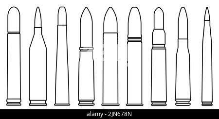 Aufzählungssymbole gesetzt. Patronensymbol in linearer Ausführung. Militärmunition. Kugel oder Patron Silhouette. Vektorgrafik. Stock Vektor