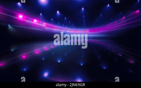 Neon abstrakte digitale Disco Hintergrund. Reflektierender Bühnenraum mit Lichtstrahlen, Rauch und Leuchten Stockfoto