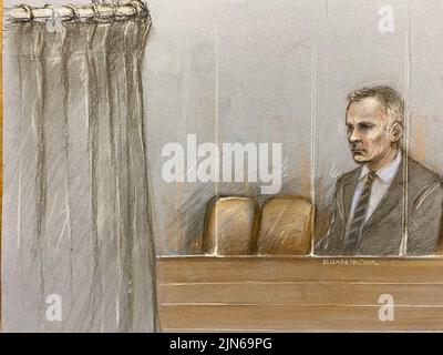 Court Artist Sketch von Elizabeth Cook über den ehemaligen Manchester United Fußballspieler Ryan Giggs am Manchester Crown Court, wo er beschuldigt wird, zwischen August 2017 und November 2020 das Verhalten gegen die Ex-Freundin Kate Greville zu kontrollieren und zu erzwellen. Bilddatum: Dienstag, 9. August 2022. Stockfoto