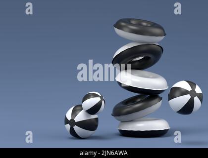 Bunte aufblasbare Ringe und Kugeln fliegen auf schwarz-weißem Hintergrund. 3D Rendering von Sommerurlaub Konzept und Urlaub Stockfoto