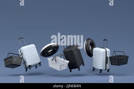 Bunte Koffer oder Gepäck, Einkaufskorb und aufblasbare Ringe fliegen auf schwarz-weißem Hintergrund. 3D Rendering von Sommerurlaub Konzept und holi Stockfoto