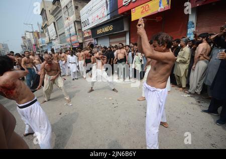 Peshawar, Khyber Pakhtunkhwa, Pakistan. 8. August 2022. Schiitische Muslime geißeln sich während der Prozession zum Ashura-Tag in Peshawar, Pakistan, am 08. August 2022. Schiitische Muslime beobachten den heiligen Monat Muharram, dessen Höhepunkt das Aschura-Fest ist, das an das Martyrium von Imam Hussein, einem Enkel des Propheten Mohammed, in der Schlacht der irakischen Stadt Karbala im siebten Jahrhundert erinnert. (Bild: © Hussain Ali/Pacific Press via ZUMA Press Wire) Stockfoto