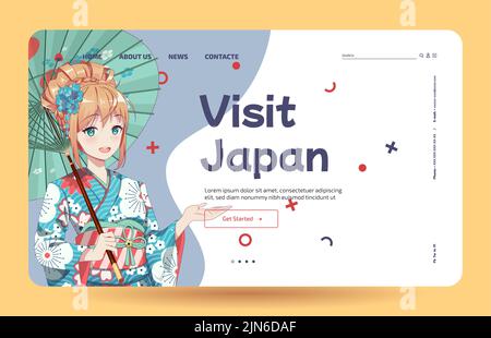 Anime Manga Mädchen in traditionellen japanischen Kimono Kostüm mit Regenschirm. Japanisch lernen - Vorlage für Landing Page Stock Vektor