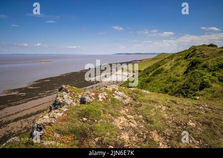 Blick Richtung Osten entlang der felsigen Küste von Sand Point auf dem Bristol Channel mit Clevedon im Hintergrund, Somerset, England Stockfoto