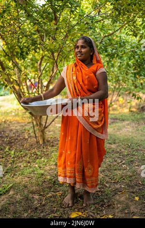 Schöne bengalische, indische Frau lächelt vor der Kamera. Stockfoto