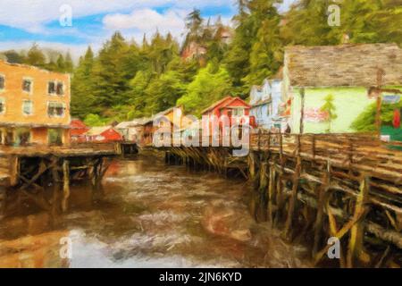 Impressionistische Ölgemälde der berühmten Creek Street Promenade und Geschäfte in Ketchikan Alaska. Digitale Kunst der Szene Stockfoto