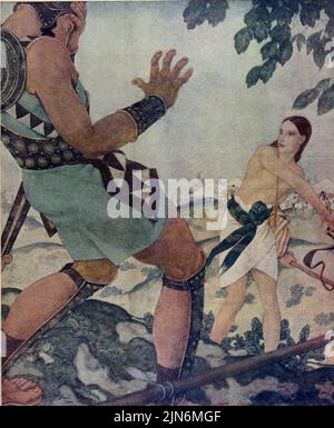 „David and Goliath“, veröffentlicht am 30,1924. November in der American Weekly Sunday Magazine, gemalt von Edmund Dulac aus der „Bible Scenes & Heroes“-Serie. Stockfoto