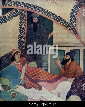 „Queen Ester and Haman“, veröffentlicht am 21,1924. Dezember im American Weekly Sunday Magazine, gemalt von Edmund Dulac aus Bible Scenes and Heroes Series. Stockfoto