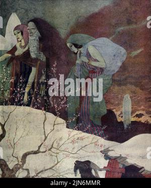 „Lots Frau blickt zurück auf die Städte der Ebenen und wird in eine Salzsäule verwandelt“, Oktober 12,1924 in der Zeitschrift American Weekly von Edmund Dulac. Stockfoto