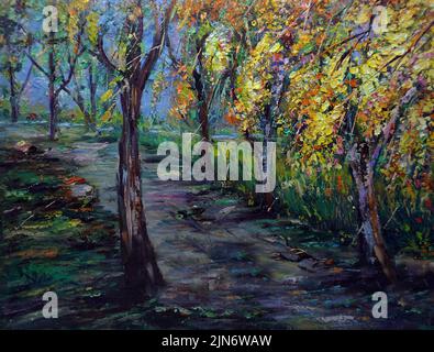 Ölgemälde Pathway mit Bäumen und Blumen im Garten , multiplizieren Blumen Stockfoto