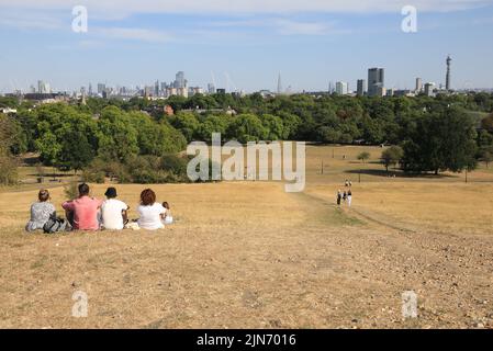 London, 9. 2022. August. Nach einer der trockensten Julys seit Jahrzehnten sieht Primrose Hill im Norden Londons mehr wie ein Heufeld aus. Das Met Office hat eine bernsteinfarbene Wetterwarnung ausgegeben, da die Temperaturen wieder auf 40 Grad ansteigen. Kredit : Monica Wells/Alamy Live Nachrichten Stockfoto