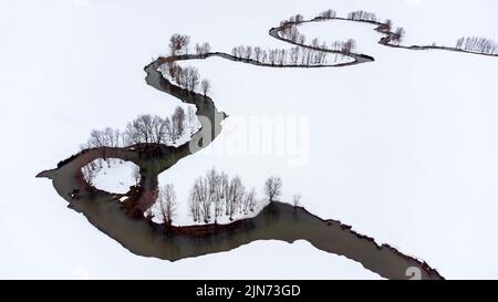 Luftaufnahme mit Drohne, minimalistische Ansicht, Strom fließt in einer verschneiten Landschaft im Winter und umliegenden Bäumen, Bolu - Türkei Stockfoto