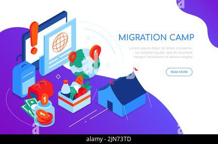 Migration Camp - modernes buntes isometrisches Webbanner Stock Vektor