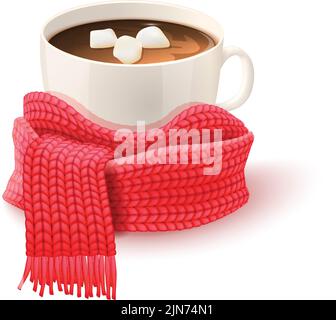 Gemütliche Winterkomposition mit handgestricktem rotem Schal und Weiß tasse heiße Schokolade drucken Vektor-Illustration Stock Vektor