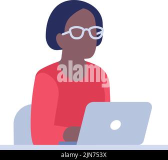 Schwarze Frau, die am Laptop arbeitet. Person, die am Schreibtisch sitzt Stock Vektor