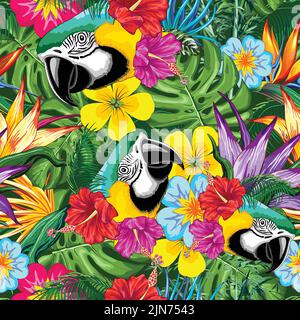 Blau und Gelb exotischer und verspielter Ara-Papagei, der alle Elemente zu einem nahtlosen Rapportmuster zusammengesetzt sind Copyright BluedarkArt Stock Vektor