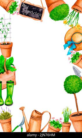 Gartenarbeit. Rechteckiger Rahmen mit leerem Platz zum Einfügen aus Aquarellelementen: Topfblumen, Gartenwerkzeug, Schutzkleidung. Design für eine poste Stockfoto