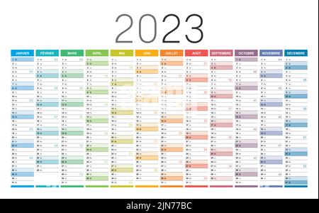 Jahr 2023 farbenfroher Wandkalender in französischer Sprache, mit Wochenzahlen, auf weißem Hintergrund. Vektorvorlage. Stock Vektor