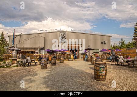 2022  06 22 Healy AK USA - Vorderansicht von 49. State Brewing - ein beliebtes Restaurant und Brauerei in der Nähe von Denali Alaska mit Kunden, die draußen auf der Registerkarte sitzen Stockfoto