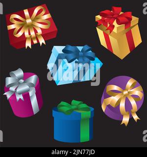 Eine Vektordarstellung eines Sets von eingepackten Geschenkschachteln mit bunten Schleifen und Bändern. Stock Vektor