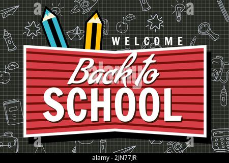 Willkommen Zurück zur Schule Banner, retro. Hintergrundvorlagen Symbole Zubehör Stock Vektor