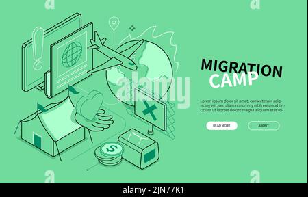 Migration Camp - Linie Design Stil isometrische Web-Banner Stock Vektor