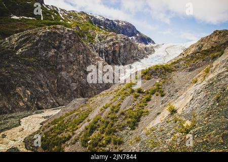 Verlassen Sie den Glacier auf der Halbinsel Kania, Alaska, USA, wo er am Anfang eines geflochtenen Flusses aufgeht Stockfoto