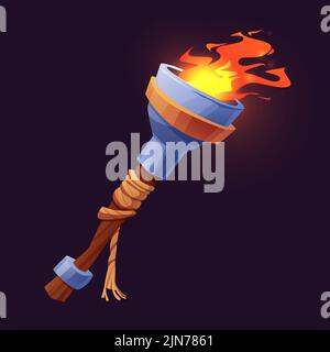 Mittelalterliche oder Piratenfackel aus Holz mit brennendem Feuer und Flammen. Flambeau. Cartoon-Vektorgrafik Stock Vektor