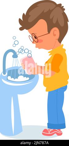 Niedlicher Junge in Gläsern mit Seife. Handwäsche für Kinder Stock Vektor
