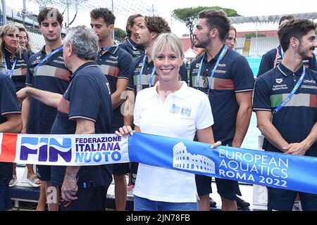 Rom, Italien. 09. August 2022. Von links nach rechts, Federica Pellegrini während der Präsentation der italienischen Schwimmteams für die Europameisterschaften Quelle: massimo insabato/Alamy Live News Stockfoto