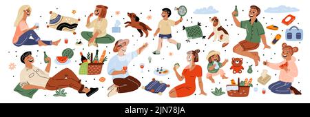 Picknick-Leute. Zeichentrickfiguren entspannen in der Natur. Paare essen oder trinken auf Decken im Park. Glückliche Familie Zeitvertreib. Körbe mit Essen und Wein Stock Vektor