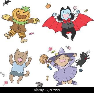 Set von Happy halloween Kinder Vektor. Cartoon Halloween-Figuren, Hexe, Vampir, Werwolf und Jack O'Lantern. Kinder mit Halloweeen Koktumes. Stock Vektor