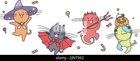 Set von niedlichen halloween Katzen Vektoren springen Katzen mit Halloween cpstume gekleidet.Cat mit Hexenhut, Katze mit Vampir Kostüm und Teufel Kostüm. Stock Vektor