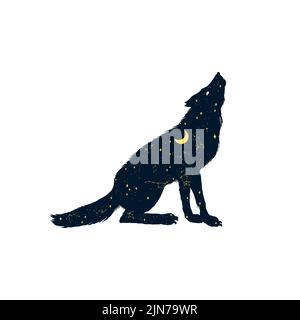 Der Wolf heult den Mond an. Silhouette eines magischen Tieres mit Halbmond und Sternen in der Nacht. Heidnisches Totem. Halloween Icons für Sticker, bedruckt Stock Vektor