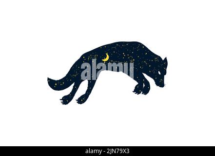 Der Wolf heult den Mond an. Silhouette eines magischen Tieres mit Halbmond und Sternen in der Nacht. Heidnisches Totem. Halloween Icons für Sticker, bedruckt Stock Vektor