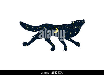 Der Wolf heult den Mond an. Silhouette eines magischen Tieres mit Halbmond und Sternen in der Nacht. Heidnisches Totem. Halloween Icons für Sticker, bedruckt Stock Vektor