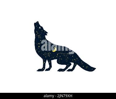 Der Wolf heult den Mond an. Silhouette eines magischen Tieres mit Halbmond und Sternen in der Nacht. Heidnisches Totem. Halloween Icons für Sticker, bedruckt Stock Vektor