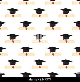 Graduierung Kappe und Diplom Scroll nahtlose Hintergrund. Hochschulfeier Jahrestag Symbol Muster. Schwarzer Hintergrund mit Struktur. Vektor illustrr Stock Vektor