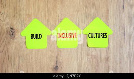 Bauen Sie integrative Kulturen und ein Unterstützungssymbol auf. Konzeptwörter bauen integrative Kulturen auf Grünpapieren auf Wäscheklammern auf. Schöner Holzhintergrund. Busin Stockfoto