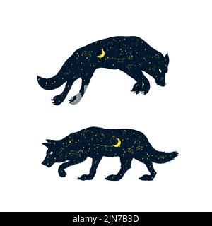 Der Wolf heult den Mond an. Silhouette eines magischen Tieres mit Halbmond und Sternen in der Nacht. Heidnisches Totem. Halloween Icons für Sticker, bedruckt Stock Vektor