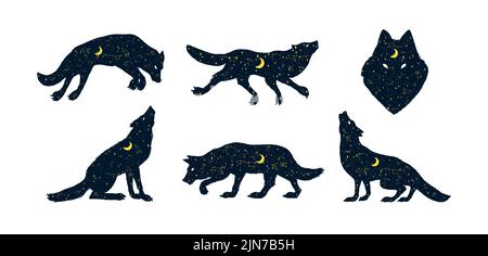 Der Wolf heult den Mond an. Silhouette eines magischen Tieres mit Halbmond und Sternen in der Nacht. Heidnisches Totem. Halloween Icons für Sticker, bedruckt Stock Vektor