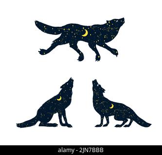 Der Wolf heult den Mond an. Silhouette eines magischen Tieres mit Halbmond und Sternen in der Nacht. Heidnisches Totem. Halloween Icons für Sticker, bedruckt Stock Vektor