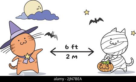 Vektor-Illustration von zwei niedlichen halloween-Katzen sozial distanziert. Niedliche Cartoon-Katzen tragen halloween-Kostüme, Katze mit Hexenhut. Stock Vektor