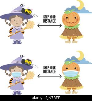 Hexe und Kürbis. Soziale Distanzierung an Halloween. Verhindern von covid-19 durch soziale Distanzierung. Stock Vektor
