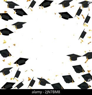 Abschluss. Transparenter Hintergrund mit realistisch fliegenden schwarzen Gradkappen Konfetti Ballons und Diplome. Vektorbild Schule und Universität educatio Stock Vektor