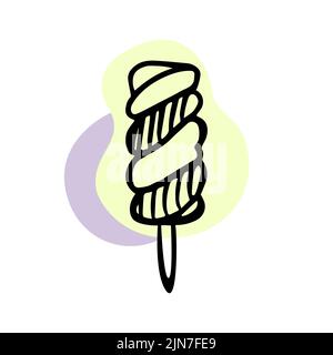 Eis auf einer Stocklinie. Popsicle mit gelben und violetten Flecken auf weißem Hintergrund. Süßes Eis-Doodle. Handgezeichnete Vektorgrafik. Stock Vektor