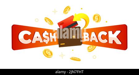 Banner-Konzept des Cashback-Treueprogramms. Promo-Schild mit zurückgesandten Goldmünzen auf der Kreditkarte in der Brieftasche. Werbung für Geld- oder Bonusrückerstattung. Ausweis für finanzielle Zahlungen. Vektorgrafik Stock Vektor